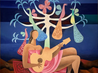 Mario Carreño, cantante con pavos reales, óleo sobre tela, 120 x 120 cm., 1985